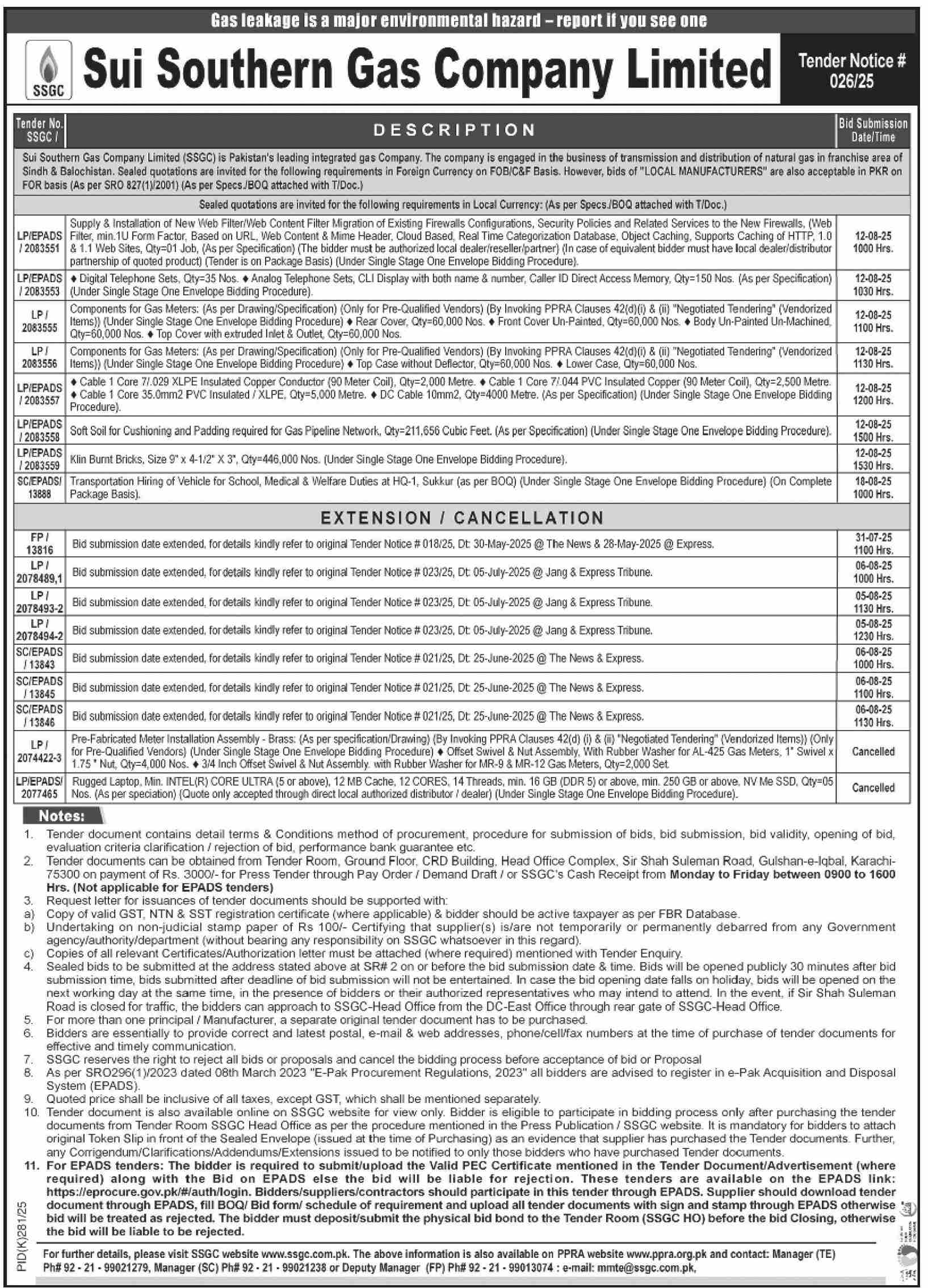 Sui Southern Gas Company Limited Tender Notice